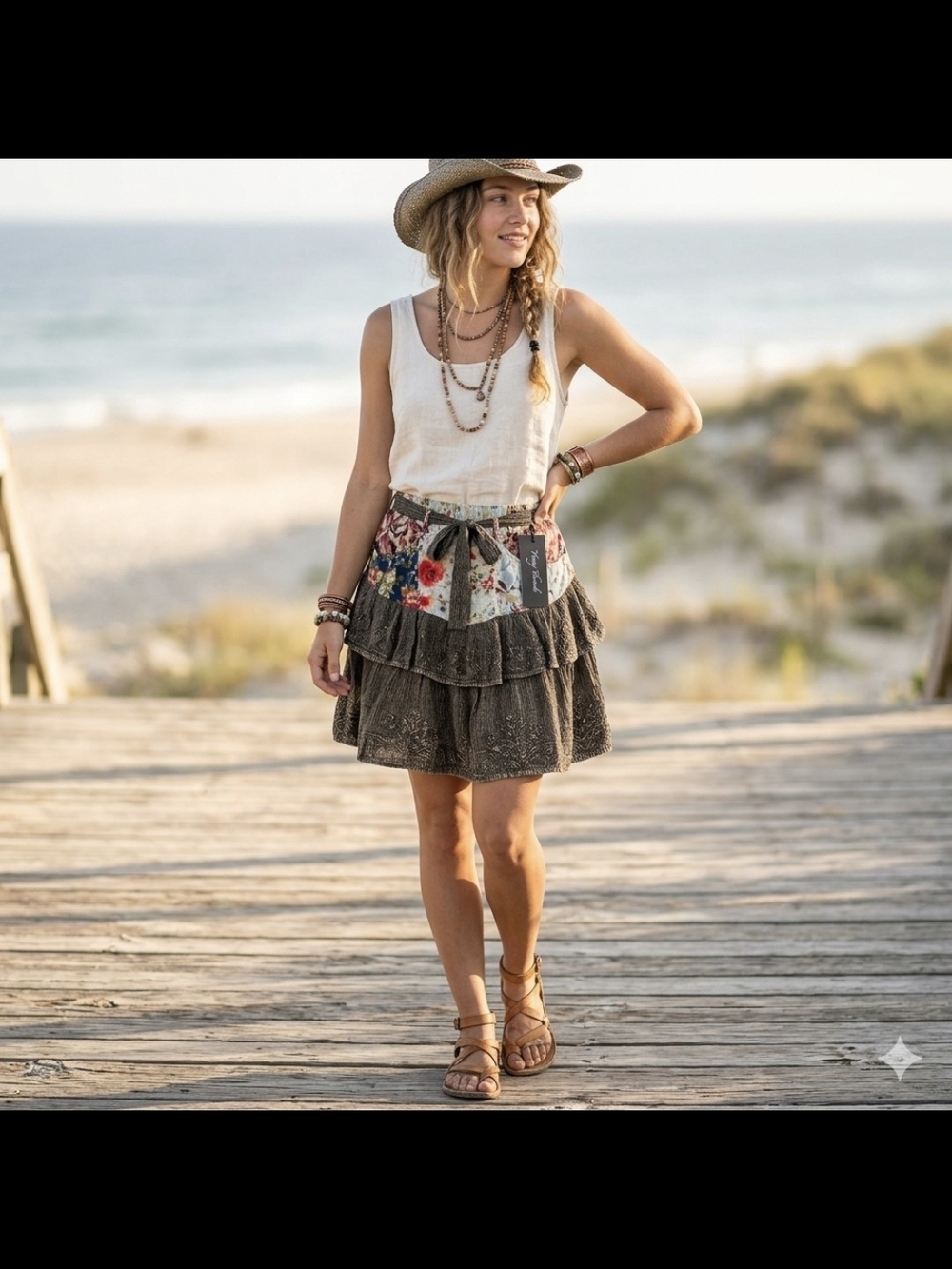 Young Threads Floral Patchwork Brown Tiered Skirt